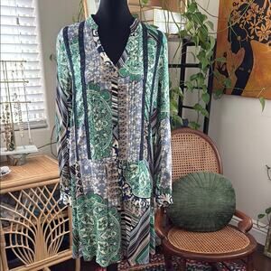Tiny Anthropologie Caviana Green Motif Drop Waist Paisley Mini Shirtdress